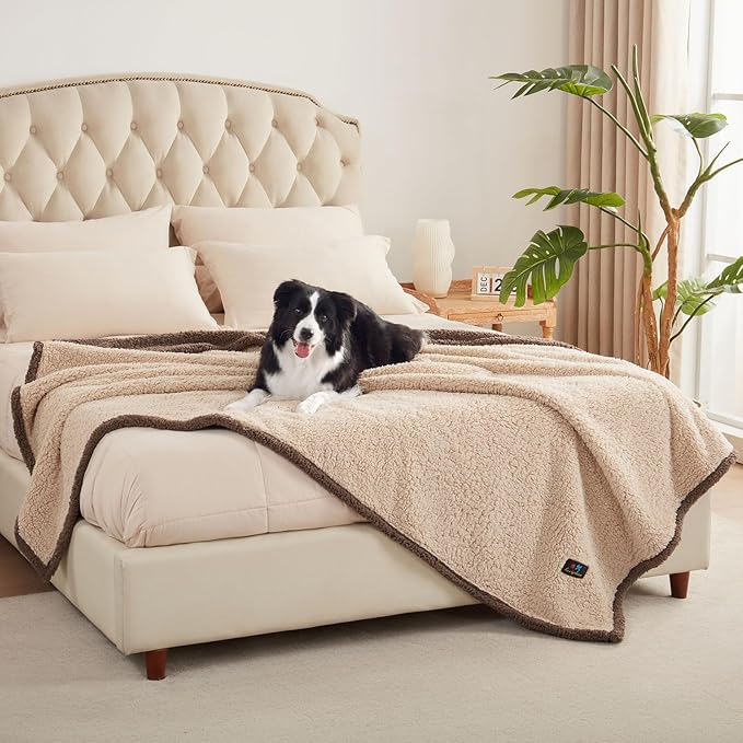 Luciphia Waterproof Pet Blanket for Medium Large Dogs Soft Cat Sherpa Calming Thick Cover Leakproof Cozy Puppy Sofa Bed Car Couch Protector(Beige/Brown,80x63 inches)