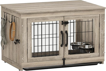 Piskyet Wooden Dog Crate Furniture with 360°Rotatable Removable Dog Bowls, Dog Crate End Table with Tray, Double Doors Dog Kennels for Dogs(M:31.8" L*22.1" W*24.1" H, Gray)