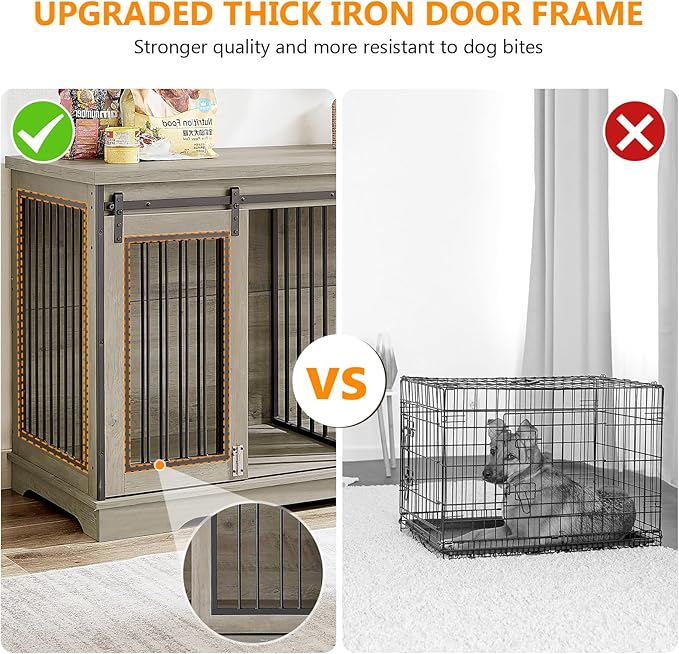 60.6 Inch Double Dog Crate Furniture, 2-in-1 Dog Kennel Furniture with 2 Sliding Doors and Thick Iron, Wooden Large Dog Crate with Divider for 2 Dogs