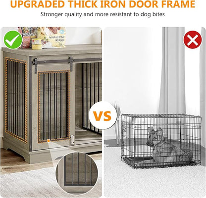 60.6 Inch Double Dog Crate Furniture, 2-in-1 Dog Kennel Furniture with 2 Sliding Doors and Thick Iron, Wooden Large Dog Crate with Divider for 2 Dogs