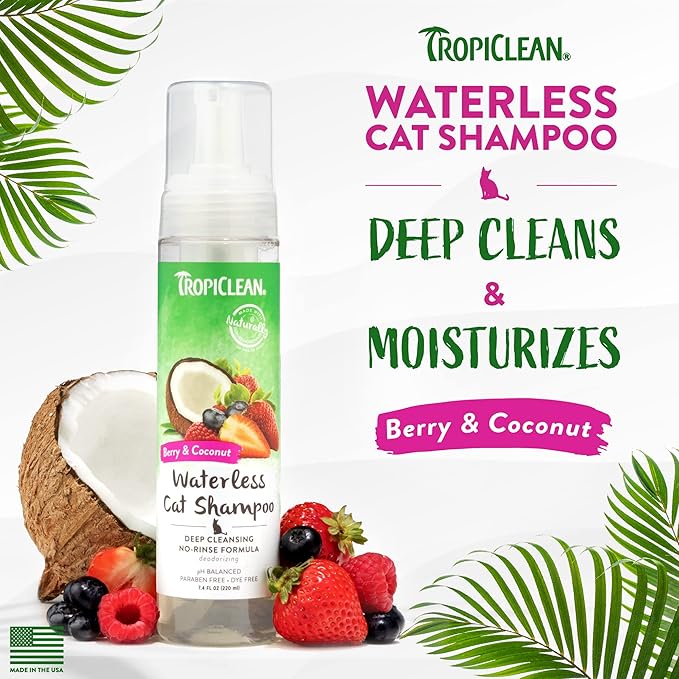 TropiClean Berry & Coconut Waterless Cat Shampoo | Deep Cleansing Dry Shampoo for Cats | Natural Cat Shampoo Derived from Natural Ingredients | Made in the USA | 7.4 oz.