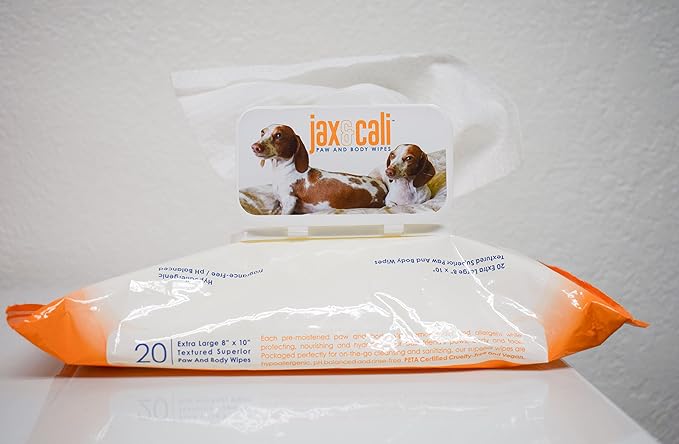 JAX & CALI Pet Wipes, Natural Textured Paw and Body Wipes, Hypoallergenic, pH Balanced, Vitamins B3 & E, Soothing Aloe, No Fragrance, Holistic, Cruelty Free, Dogs & Cats, Extra Large 8"x10", 20 Wipes