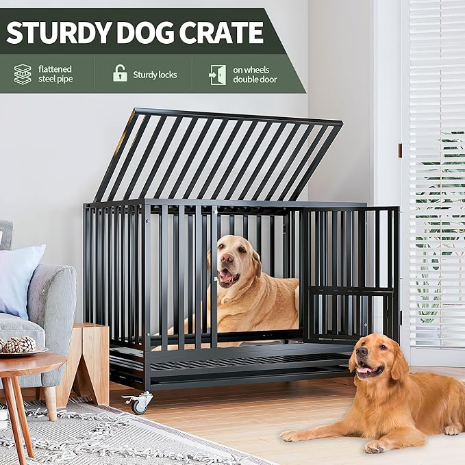 47" Heavy Duty Dog Crate,Indestructible Large Dog Cage,Escape Proof Dog Crate Dog Kennel,Two-Door Design with Wheels and Dog Crate Tray,Suitable for High Anxiety,Black