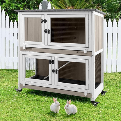2 Story Rabbit Hutch Indoor with 2 Deeper Pull-Out Trays, Wooden Rabbit Cage with 4 Lockable Wheels, Ramp, Chew-Anti Metal Strip for Rabbit, Guinea Pig, Hamster(36" L x 17.8" W x 36.7" H)