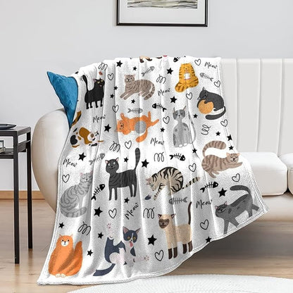 Cute Cat Blanket Animals Pet Pattern Gifts for Cat Lovers Soft Lightweight Flannel Throw Blankets for Kids Adults 50"x40"