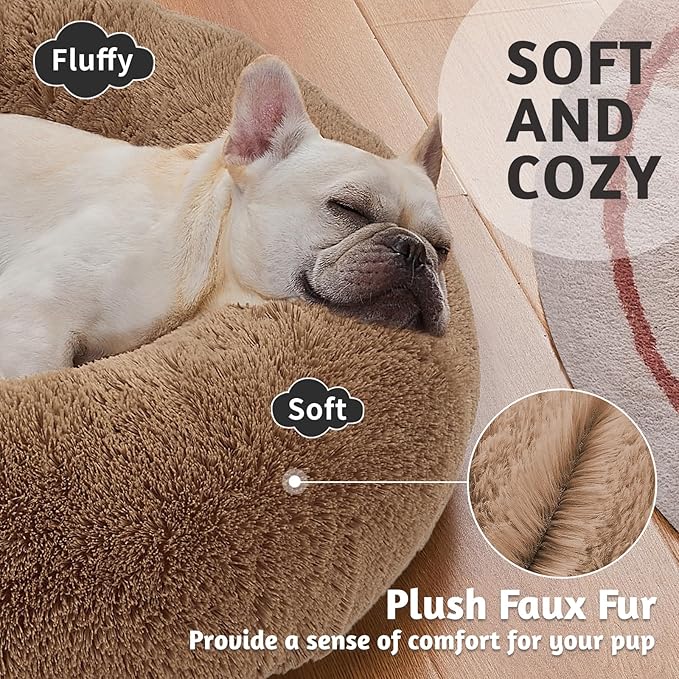 OhGeni Calming Donut Dog & Cat Bed Pillow, Machine Washable Plush Waterproof Zipper Cover, Anti-Slip Round Comfort Pet Bed, Pillow Design Cozy Warming Fluffy Fur Bed for Medium Dogs, Ocher, 30 inches