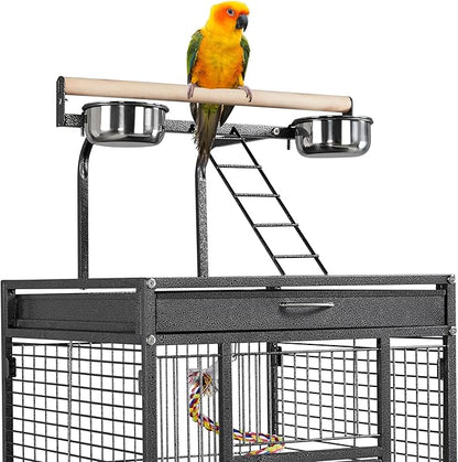 Yaheetech 61-inch Playtop Wrought Iron Large Parrot Bird Cages with Rolling Stand for Cockatiels Amazon Parrot Quaker Conure Parakeet Lovebird Finch Canary Small Medium Parrot Cage Birdcage, Black