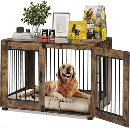31.5" Dog Crate Furniture - Chew-Resistant Wooden Kennel with Locking Double Doors, Indoor Pet Cage End Table for Medium Breeds