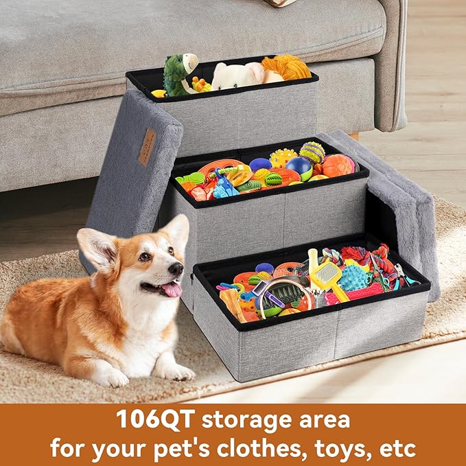 Dog Stairs with Furry Lids 17.5" H, 3-Step Wider Dog Steps with Storage for Small/Medium/Large Dogs Cats, Folding Sturdy Pet Stairs Climbing Bed or Sofa, Dog Ramp for Car Hold Up to 200 lbs, Grey