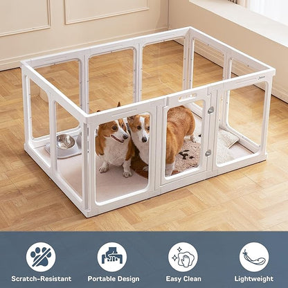 Acrylic Dog Playpen Indoor, 24 H Plastic Pet Playpen with Door, Clear Pet Play Pen for Puppy Cat Rabbit Ferret, Easy Assemble Dog Pen, Preferable for Small Cage, White 10 PCS