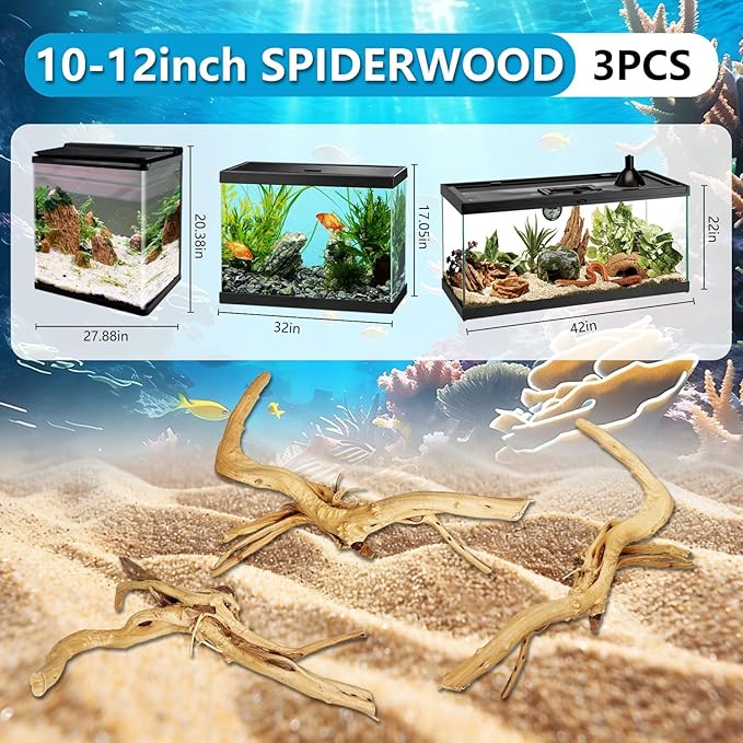 3 Pcs Natural Spiderwood for Aquarium, Aquarium Driftwood Freshwater 10-12 Inch, Assorted Size Spider Wood, Twisted Branches for Fishtank Accessories, Reptile Terrariums Decorations