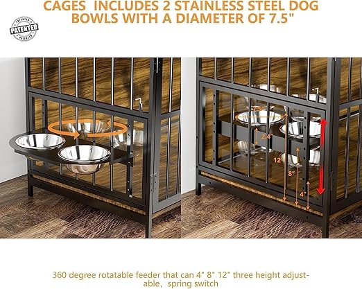 41 Inch Furniture Style Large Dog Crate with 360° & Adjustable Raised Feeder for Dogs 2 Stainless Steel Bowls -End Table House Pad, Indoor Use Brown