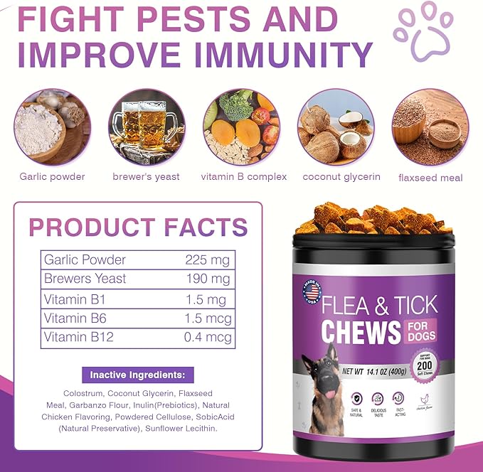 Dog Flea and Tick Treatment Chewable 200 Treatment Chews Natural Soft Chew Fleas Ticks Treatment Dog Oral Chewables Support Supplement Breeds and Ages Dogs Chicken Flavor