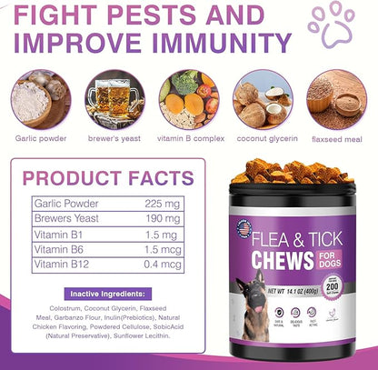 Dog Flea and Tick Treatment Chewable 200 Treatment Chews Natural Soft Chew Fleas Ticks Treatment Dog Oral Chewables Support Supplement Breeds and Ages Dogs Chicken Flavor