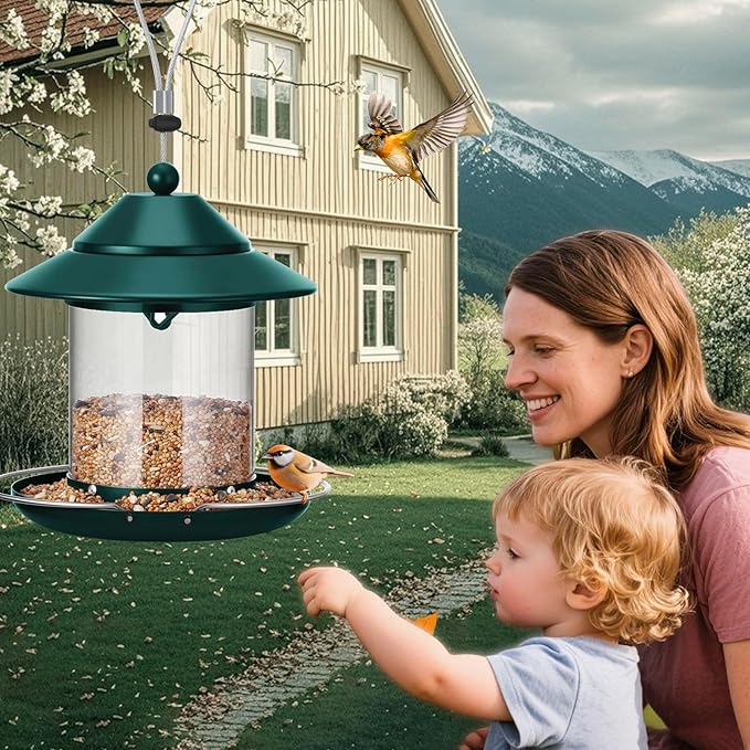 Metal Roof Bird Feeder, Hanging Bird Feeders for Outdoors with 2LB Clear Tube Seed Capacity for Viewing Cardinal Finch, 360° Feeding Wild BirdFeeders for Outside Garden Yard Decoration