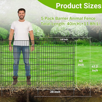 5 Panels No Dig Decorative Outdoor Garden Fence with Gate for Yard, 40 in(H) X 11.8 ft(L) Animal Barrier Fencing Rustproof Metal Wire Panel Border for Dog, Rabbits, and Patio Temporary Ground Stakes
