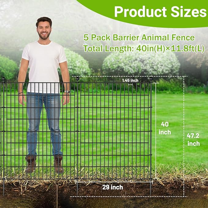 5 Panels No Dig Decorative Outdoor Garden Fence for Yard, 40 in(H) X 11.8 ft(L) Animal Barrier Fencing Rustproof Metal Wire Panel Border for Dog, Rabbits, and Patio Temporary Ground Stakes