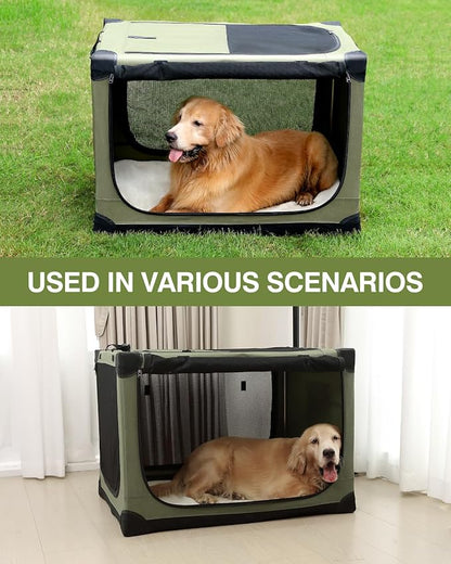 42-Inch Collapsible Travel Dog Crate, Portable 4-Door Soft Kennel for Medium to Large Dogs, Chew-Proof Mesh Windows, Indoor/Outdoor Use, Foldable, with Storage Bag (Green)