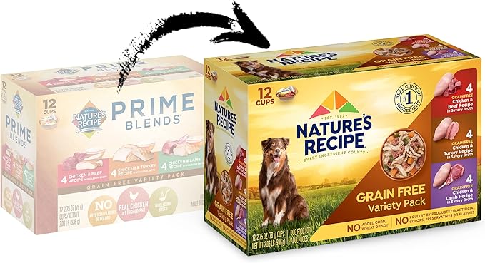 Nature_ Recipe Grain Free Chicken & Beef Recipe, Chicken & Turkey Recipe and Chicken & Lamb Recipe in Savory Broth Variety Pack Wet Dog Food, 12-2.75 oz. Cups, 2 Count