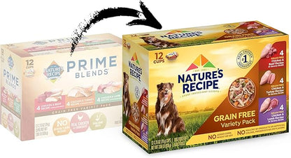 Nature_ Recipe Grain Free Chicken & Beef Recipe, Chicken & Turkey Recipe and Chicken & Lamb Recipe in Savory Broth Variety Pack Wet Dog Food, 12-2.75 oz. Cups, 2 Count