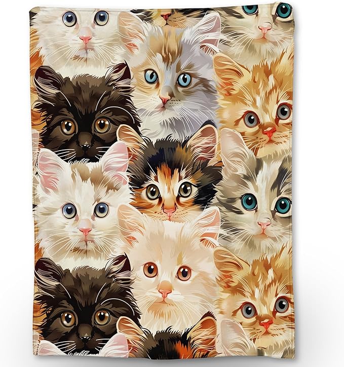 Cute Cat Flannel Throw Blanket, Soft Cozy Lightweight Animal Blankets for Couch, Bed, Travel, Outdoor & Home Decor, Warm Fuzzy Blanket for Adults Kids Women Girls 60×50 in