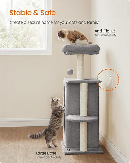 Feandrea Cat Tree Tower with 2 Caves for Multi-Cat Households, Kittens, Scratching Posts, Light Gray UPCT005G01