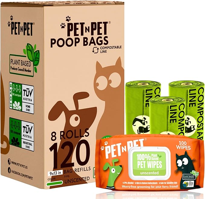 Pet N Pet Poop Bags For Dogs, 120 Counts Dog Poop Bags Rolls + 100% Plant Based Dog Wipes for Paws and Butt, 100 Counts Dog Pet Wipes, 8" x 8" Hypoallergenic Unscented Dog Wipes