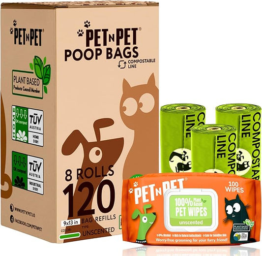Pet N Pet Poop Bags For Dogs, 120 Counts Dog Poop Bags Rolls + 100% Plant Based Dog Wipes for Paws and Butt, 100 Counts Dog Pet Wipes, 8" x 8" Hypoallergenic Unscented Dog Wipes