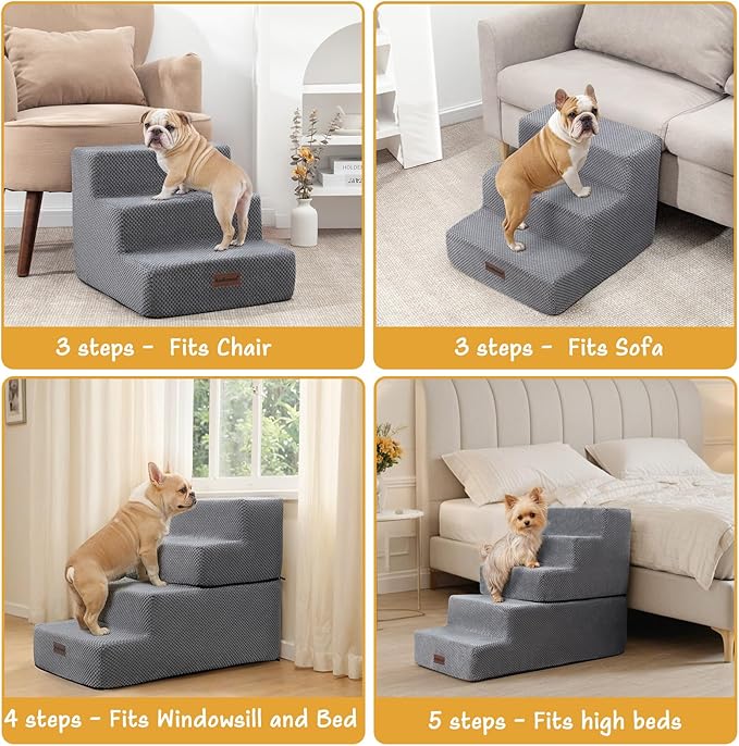 5-Step Dog Stairs to Bed, Dog Steps for High Beds and Couch, Non-Slip Pet Stairs for Small Dogs and Cats,Dog Bed Stairs, Grey, 3/4/5 Steps