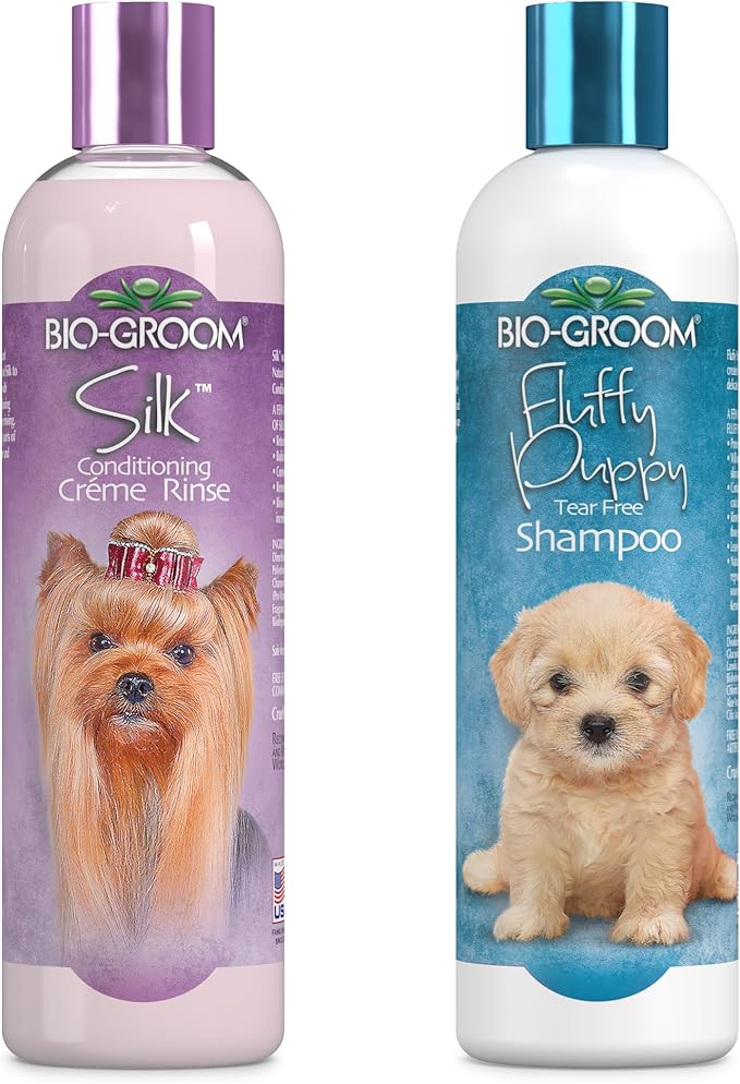 Bio-Groom Dog Shampoo and Conditioner Set - for Dogs, Puppies & Cats, Moisturizing Conditioner for Dry, Itchy Skin - Silk Conditioning Creme Rinse & Tear Free Shampoo, 12 Fl Oz Each (1 Set)
