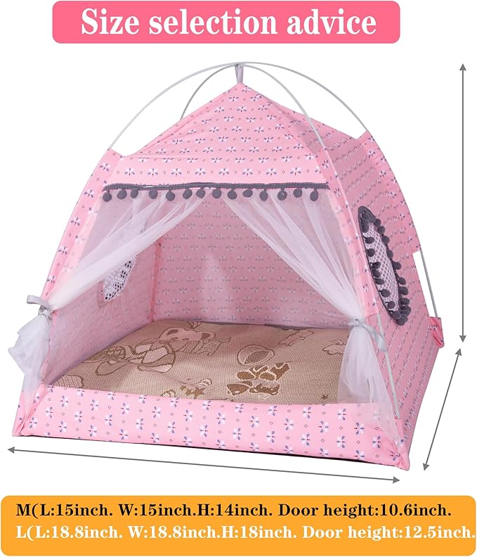 Gigreinc Cat Princess Indoor Tent House Pet Dog Cute Floral Cave Nest Bed Portable Dog Tents (M:38x38x36cm/15x15x14inch, Floral Pink)