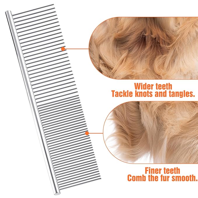 Metal Dog Comb Pet Steel Dematting Comb, Metal Cat Comb Detangler Flea Comb Doodle Brush for Removing Tangles and Knots, Professional Grooming Matting Tool for Long Haired Dogs, Cat and Other Pets