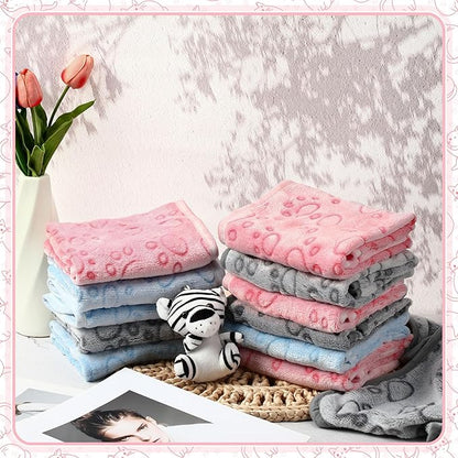 Tegeme 12 Pieces Pet Blanket Soft Fleece Dog Fluffy Doggie Warm Felt Throw Spring Cute Paw Print Puppy Kitten Sleep Mat Bed Covers for Cat(23 x 16 Inch,Multicolor)