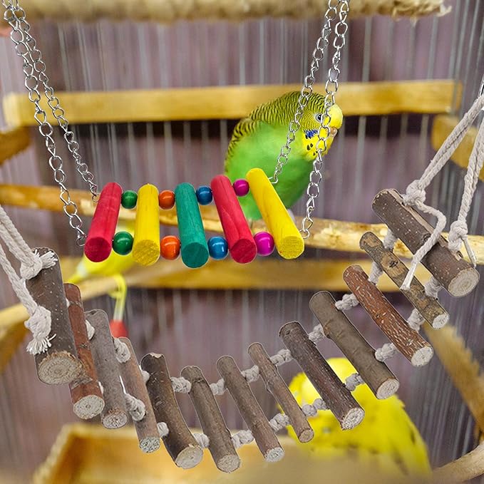 PINVNBY Bird Parakeet Toys, Bird Rope Ladder Swing Hammock Toys, Made of Natural Wood and Rope, Parakeet Cage Accessories for Parrot Budgie Conure Cockatiel (2 PCS)