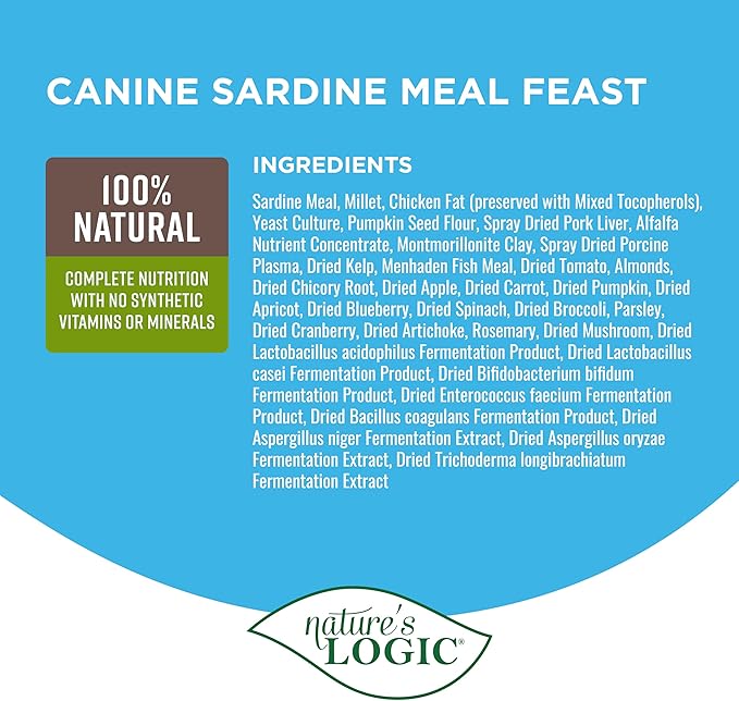 NATURE'S LOGIC Dry Dog Food - 100% Natural - No Synthetics - for All Ages, Sizes, Breeds - Free from Common Allergens, High Protein - Sardine Meal Feast, 25lbs