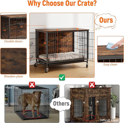 Small Dog Crate Furniture, 27.2"L x 20.1"W x 23.6"H，Indoor Pet Crate with Double Doors, Removable Tray and 360° Wheels, Wooden Countertop Dog Kennel, Brown&Black