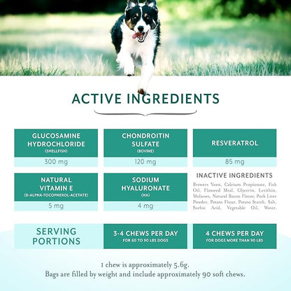 Dog Hip and Joint Support Supplement Soft Chews with Resveratrol, Glucosamine, Chondroitin, Hyaluronic Acid, Bacon Flavor, Large Breed