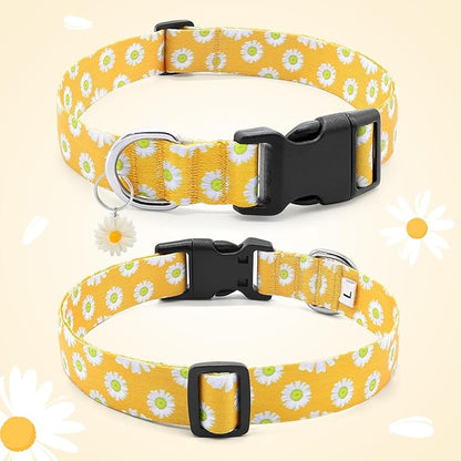 BiPawTi Floral Dog Collars for Medium Dog - Soft Cute Dog Collars for Girls Dog Pretty Flower Collar with Daisies Charms, Gift for Female Male Boys Girls Dogs (M, Yellow)