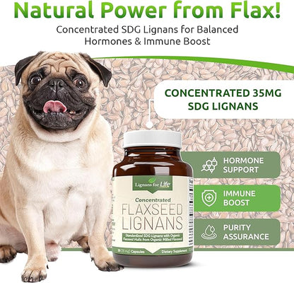 Lignans for Life Flaxseed Lignans for Dogs & People + SDG - Omega 3 Fatty Acids, High Fiber Antioxidants - Improve Shiny Coat, Digestive & Heart Health for Dogs, 35mg, 90 Flaxseed Capsules, 1 Pack