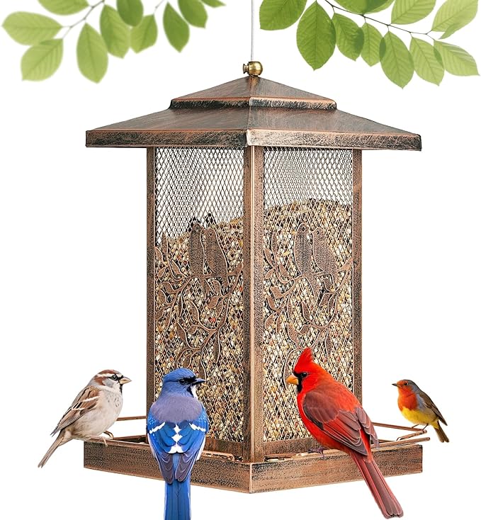 LBTING Bird Feeder for Outside, Metal Lantern-Shaped Bird Feeder, Squirrel Proof Wild Bird Feeders for Hanging Outdoor Garden Yard, Birds Pattern