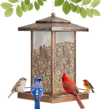 LBTING Bird Feeder for Outside, Metal Lantern-Shaped Bird Feeder, Squirrel Proof Wild Bird Feeders for Hanging Outdoor Garden Yard, Birds Pattern