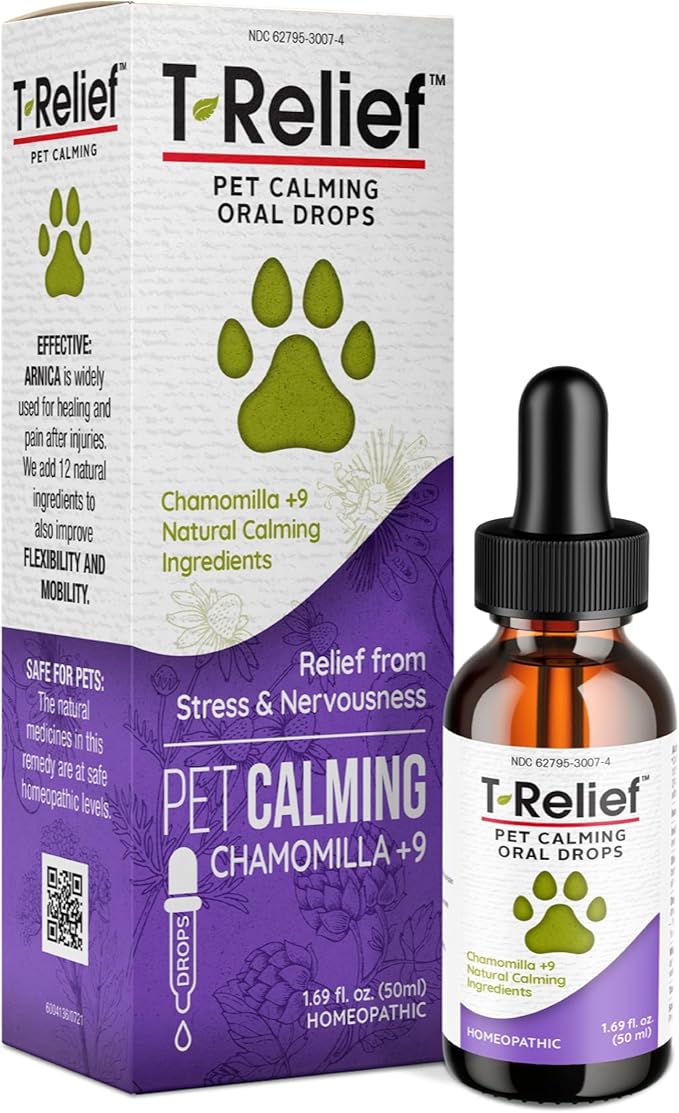 T-Relief Pet Calming Drops Natural Comfort Remedy & Nervousness Relief with Chamomile + 9 Homeopathic Stress Relieving Active Ingredients - Relaxing Herbal Blend for Dog & Cat - 1.69 oz