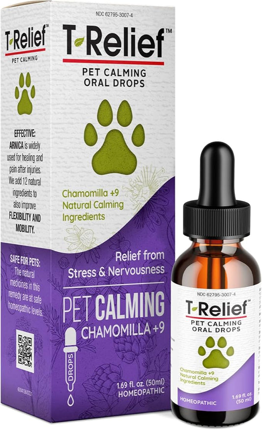 T-Relief Pet Calming Drops Natural Comfort Remedy & Nervousness Relief with Chamomile + 9 Homeopathic Stress Relieving Active Ingredients - Relaxing Herbal Blend for Dog & Cat - 1.69 oz