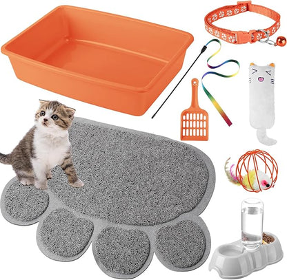 7 Pcs Small Cat Kitten Starter Kit Cat Litter Box with Shovel Paw Litter Mat Double Automatic Kitten Bowls Toy Teaser Stick Collar Essentials Kits for 1-3 Lbs Beginner(Simple,Orange)