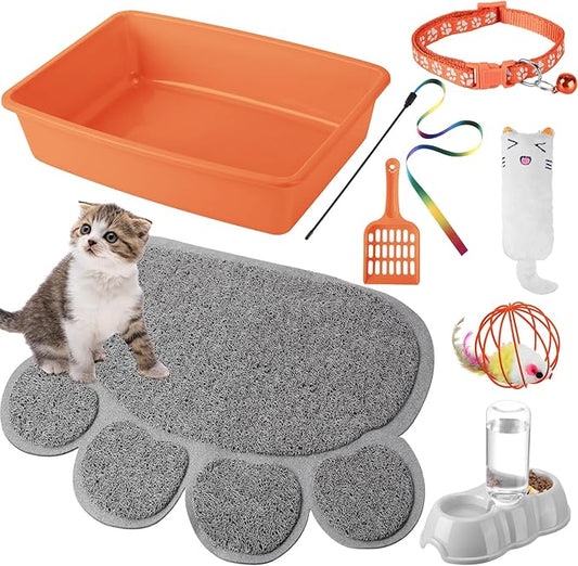 7 Pcs Small Cat Kitten Starter Kit Cat Litter Box with Shovel Paw Litter Mat Double Automatic Kitten Bowls Toy Teaser Stick Collar Essentials Kits for 1-3 Lbs Beginner(Simple,Orange)