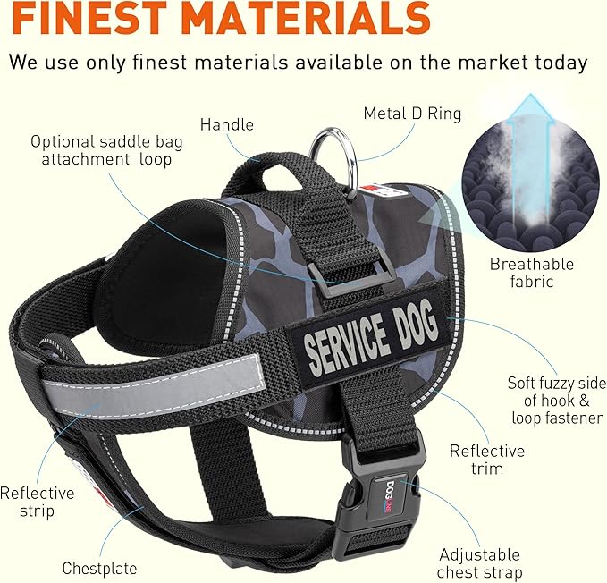 Dogline Unimax Dog Harness Vest with Service Dog Patches Reflective No-Pull, Adjustable Straps, Breathable Neoprene for Medical, Service, Identification and Training Dogs Girth 36 to 46" Giraffe Gray