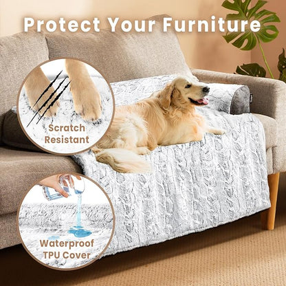 Calming Small Dog Bed for Couch, 35 x 31 inch Removable Couch Cover for Dogs Washable, Non-Slip Fluffy Plush Dog Sofa Mat for Furniture Protector - Grey