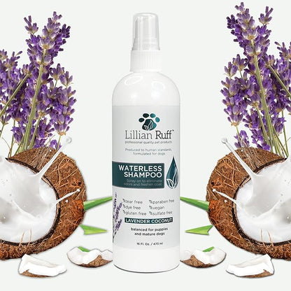 Lillian Ruff Waterless No-Rinse Dog Dry Shampoo Spray with Hydrating Essential Oils - pH-Balanced Dry Shampoo for Dogs - Clean, Condition, Detangle & Deodorize Dry, Sensitive Skin (Lavender Coconut)