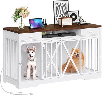 YITAHOME 63 Inch Double Dog Crate TV Stand with Charging Station, Heavy Duty Wooden Dog Crate Furniture for 2 Dogs, Dog Kennel Indoor Furniture Double Sliding Barn Door Design Ideal for 2 Dogs, White