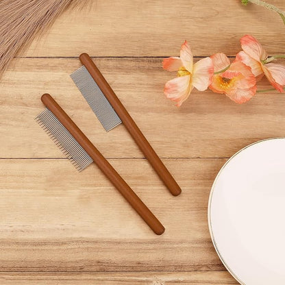 2pcs Grooming Comb for Pets, Solid Wood Cat Combs with Narrow Rounded-Tip Steel Teeth Pet Hair Comb Metal Flea Lice Comb for Cats Dogs Small & Medium Pets Tangled Hair